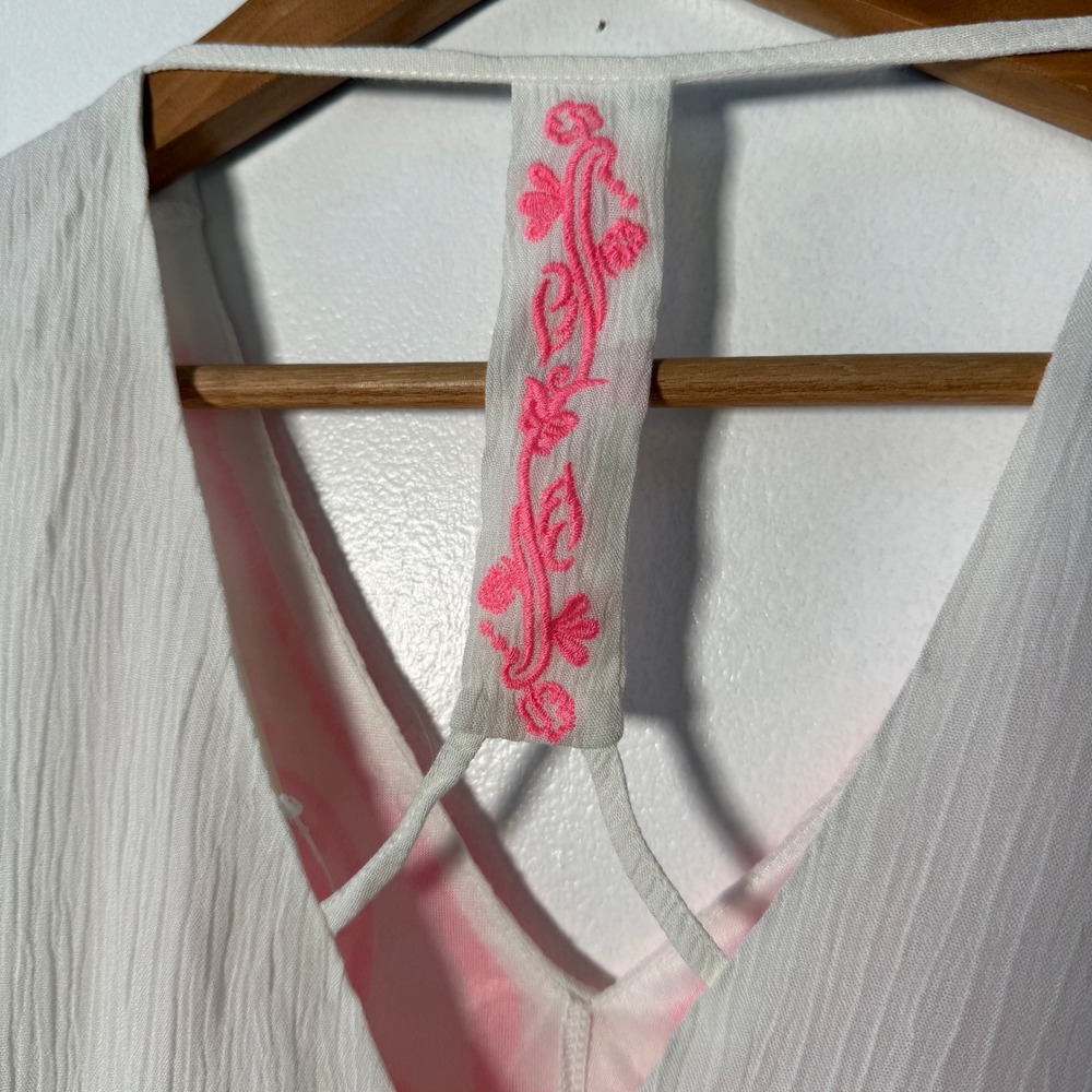 NEW Altar'd State En Creme White Neon Pink Embroidered T-Back Dress Sm Coachella - Picture 4 of 6